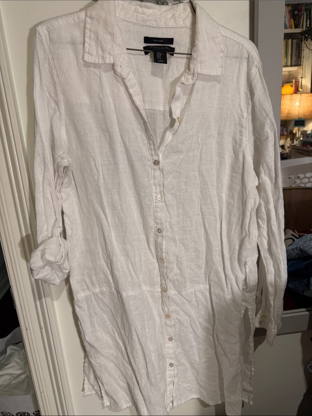 Tahari White Linen Button-Down Tunic Shirt